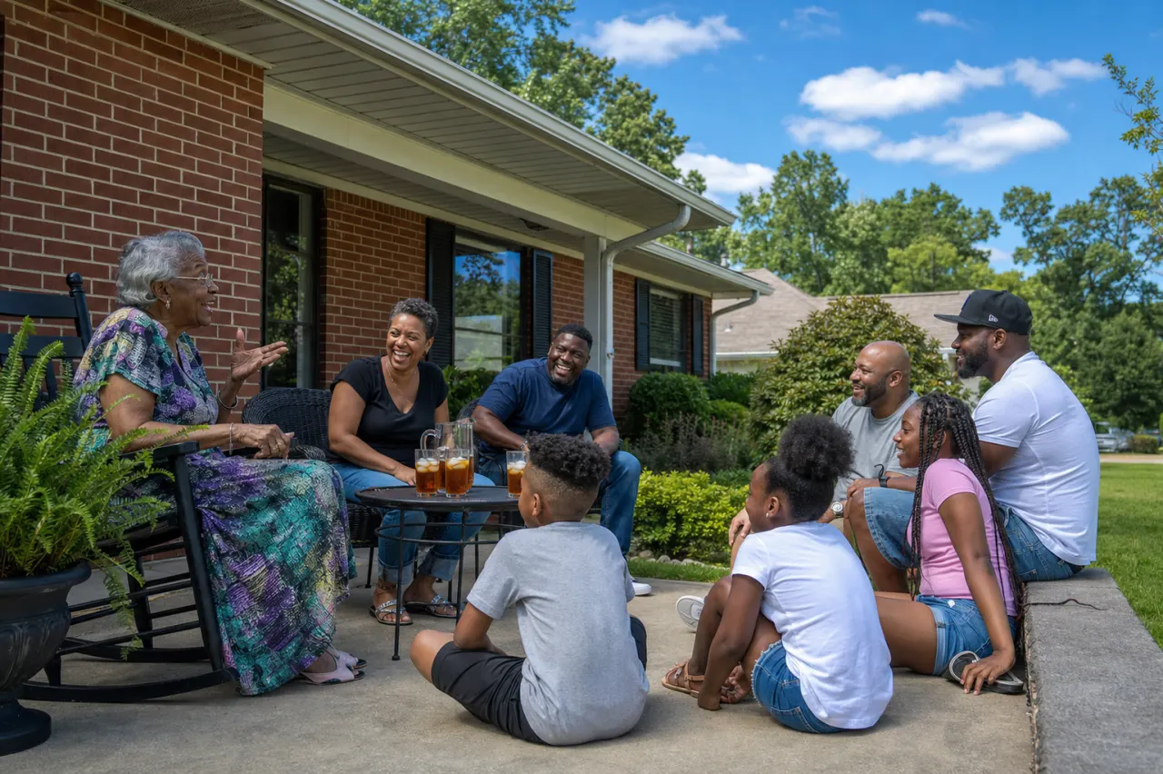 Three generations of neighbors laughing together on the front porch of a brick ranch home in the golden evening light.