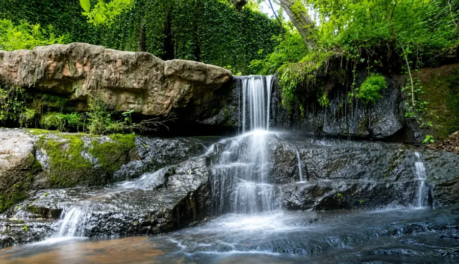 A waterfall tumbling over mossy boulders at Cascade Springs Nature Preserve.